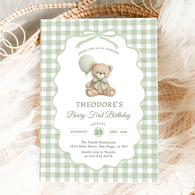 Green Gingham Teddy Bear Balloon Birthday Invitation (Creator Uploaded)