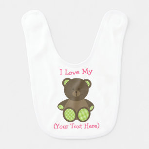 Green Gingham Teddy Bear Personalized "I Love My" Baby Bib