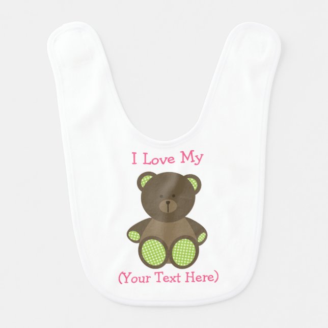 Green Gingham Teddy Bear Personalized "I Love My" Baby Bib (Front)