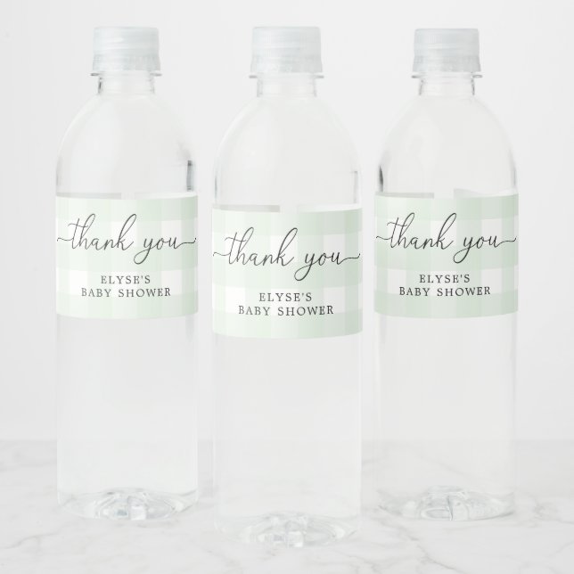 Green Gingham Thank You Favor Water Bottle Label (Bottles)