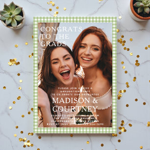 Green Gingham Two Grads Photo Graduation Party Acrylic Invitations