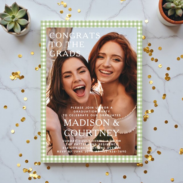 Green Gingham Two Grads Photo Graduation Party Acrylic Invitations (Creator Uploaded)