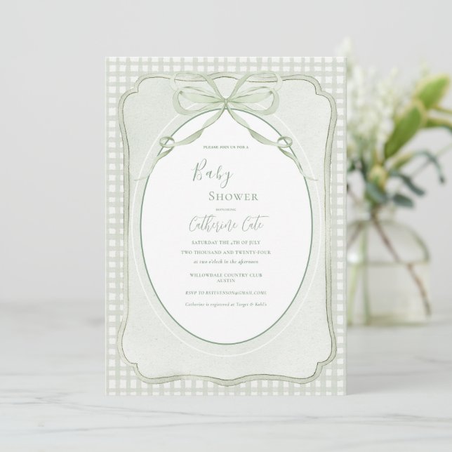 Green Gingham Vintage Baby Shower Invitation (Standing Front)