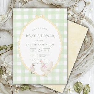Green Gingham Vintage Ducks Baby Shower Invitation