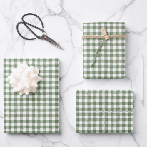 Green Gingham Wrapping Paper Flat Sheet Set of 3