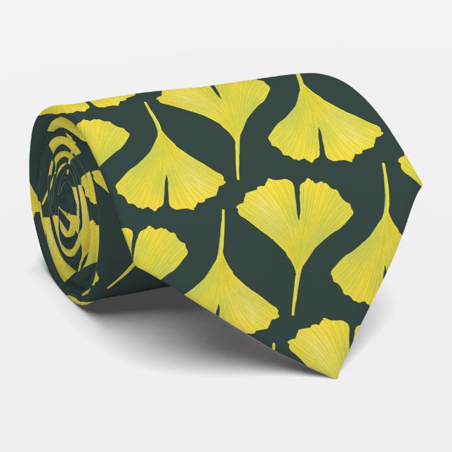 Green Gingko Leaf Nature Lover Botanical Pattern Neck Tie (Rolled)