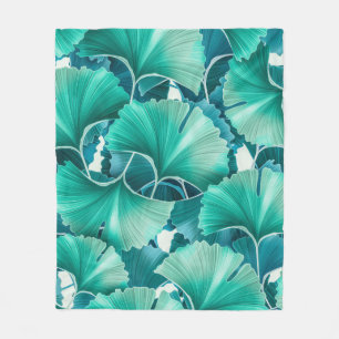 Green ginkgo biloba illustration pattern fleece blanket
