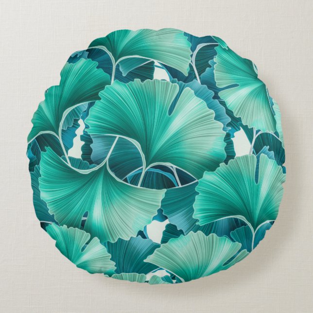 Green ginkgo biloba illustration pattern round pillow (Front)