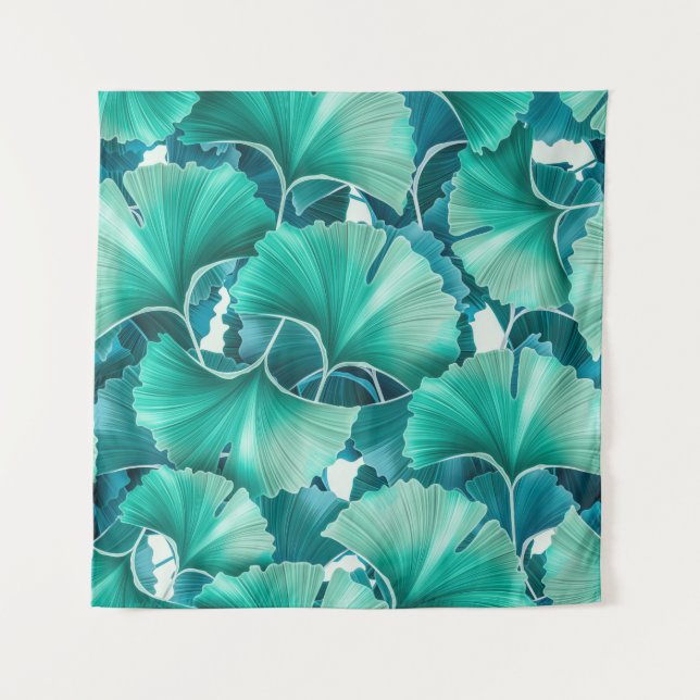 Green ginkgo biloba illustration pattern tapestry (Front)