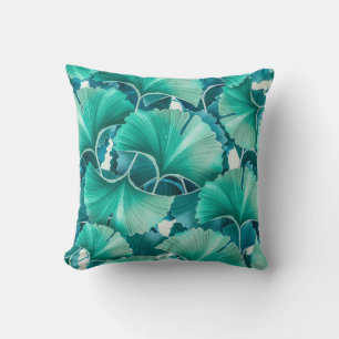 Green ginkgo biloba illustration pattern throw pillow