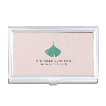 Green Ginkgo Leaf On Blush Pink Nature Business Card Case by whimsydesigns at Zazzle