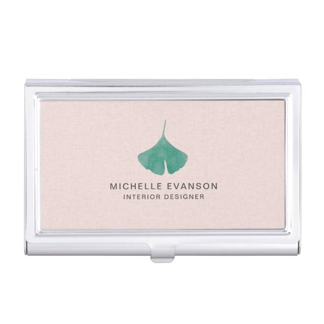 Green Ginkgo Leaf on Blush Pink Nature Business Card Case (Front)