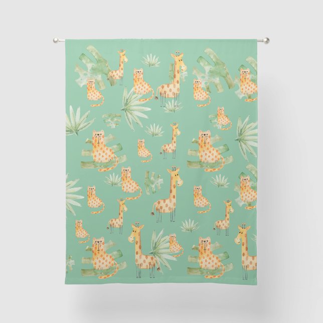 Green Giraffe & Cats Jungle Nursery Kids Room Sheer Curtains (Front)