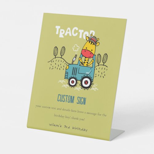 Green Giraffe Farm Tractor Custom Birthday Party Pedestal Sign