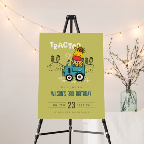 Green Giraffe In Farm Tractor Boy Birthday Welcome Foam Board