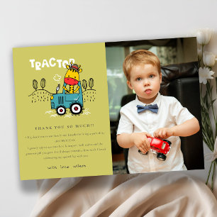 Green Giraffe In Farm Tractor Boys Photo Birthday Thank You Card