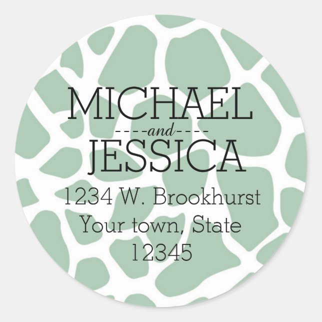 Green Giraffe Print Personalized address Classic Round Sticker (Front)