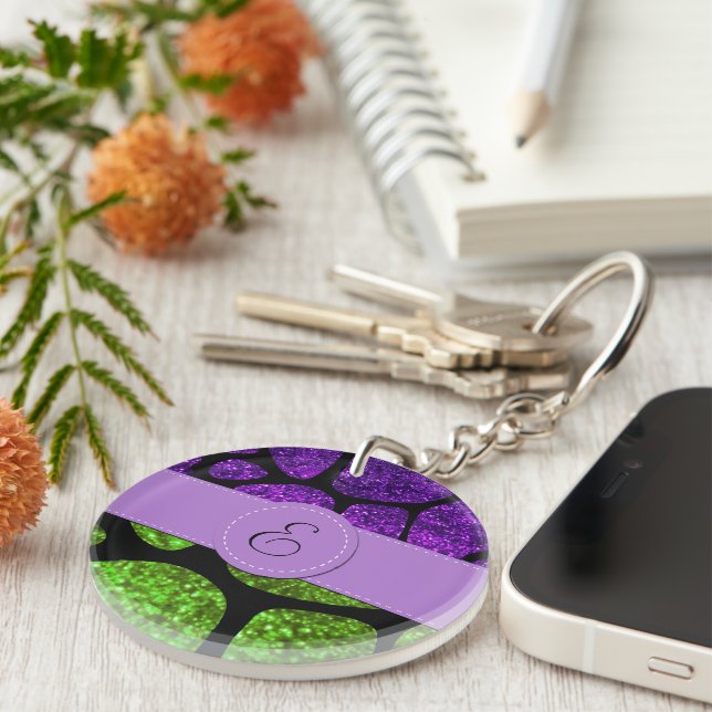 Green Giraffe, Purple Giraffe, Glitter, Monogram Keychain (Front Right)