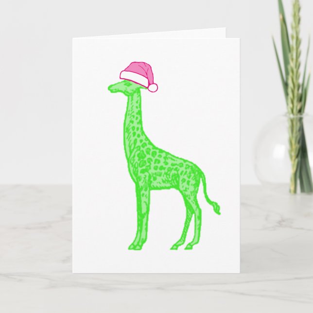 Green Giraffe with Pink Santa Hat Card (Front)