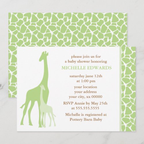 Green Mom and Baby Giraffe Baby Shower Custom Invites