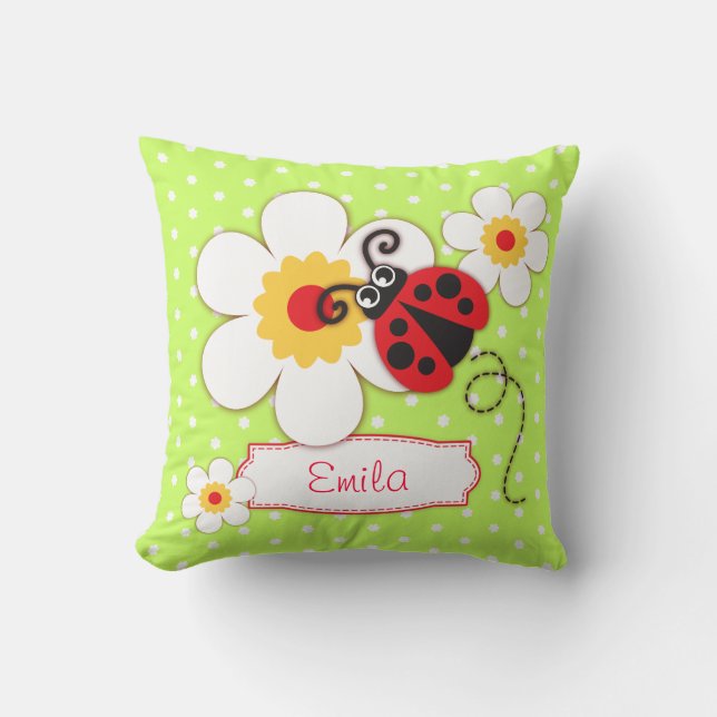 Green girls ladybug name flower polka dot pillow (Front)