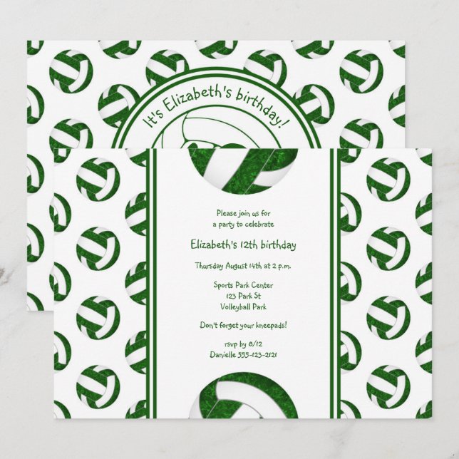 green girls' volleyball birthday party invitation (Front/Back)