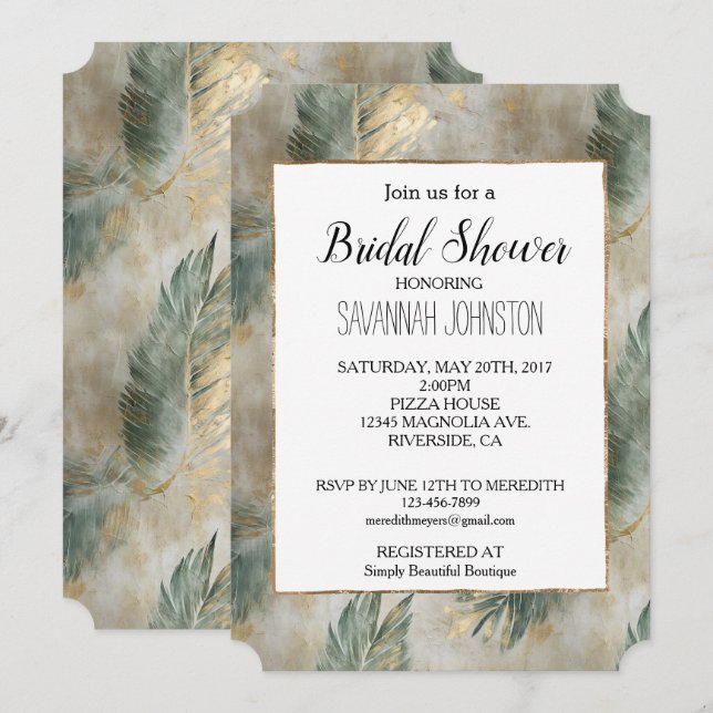 Green Glam Chic Gold Tropical Leaves Bridal Shower Invitation (Front/Back)