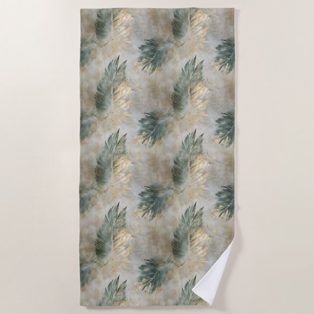 Green Glam Chic Gold White Tropical Leaves Beach Towel (Front)