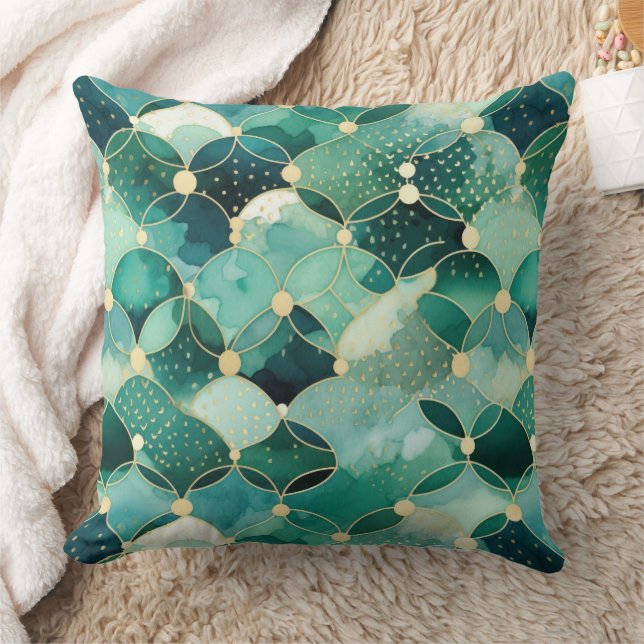 Green Glam Gold Circle Abstract Throw Pillow (Blanket)