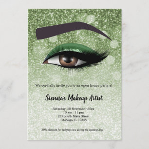 Green glam lashes eyes makeup artist invitation