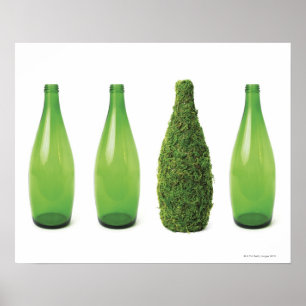 Green glass bottles showing recycling and poster