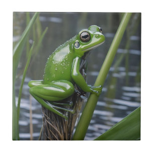 Green Glass Frog On Reeds At The River, Ceramic Tile