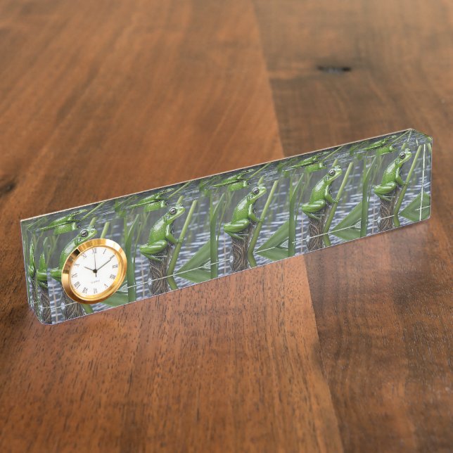 Green Glass Frog On Reeds At The River, Desk Name Plate (Side)