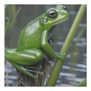 Green Glass Frog On Reeds At The River, Faux Canvas Print