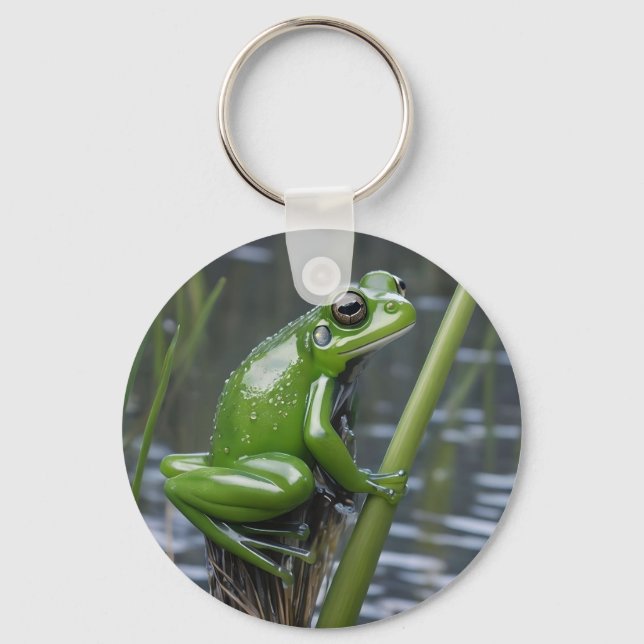 Green Glass Frog On Reeds At The River, Keychain (Front)