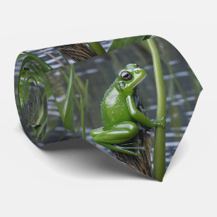 Green Glass Frog On Reeds At The River, Neck Tie