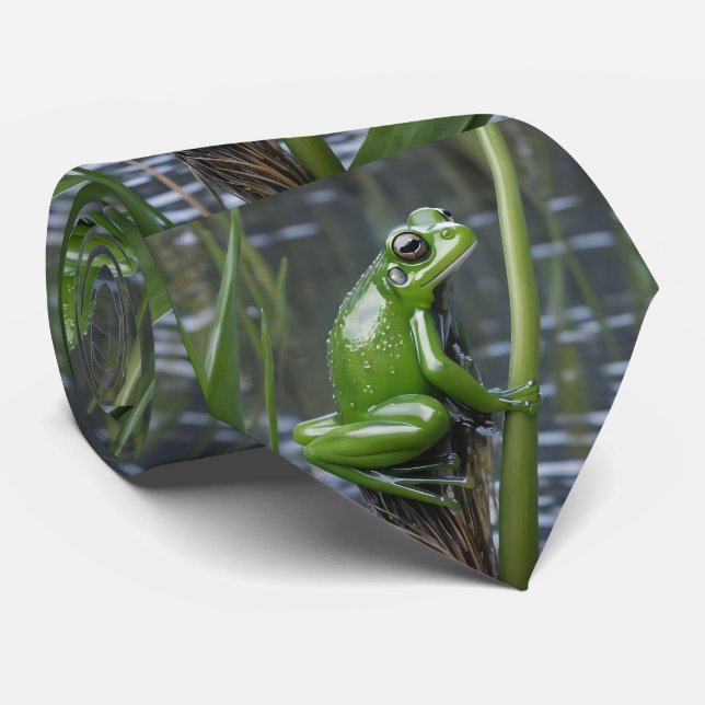 Green Glass Frog On Reeds At The River, Neck Tie (Rolled)