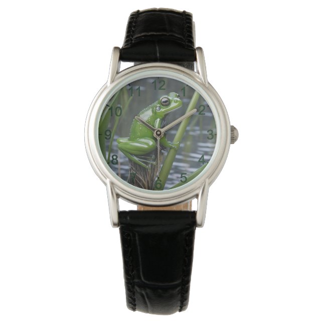 Green Glass Frog On Reeds At The River, Watch (Front)