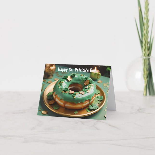 Green glazed donut decorated with 4 leaf clover card (Front)