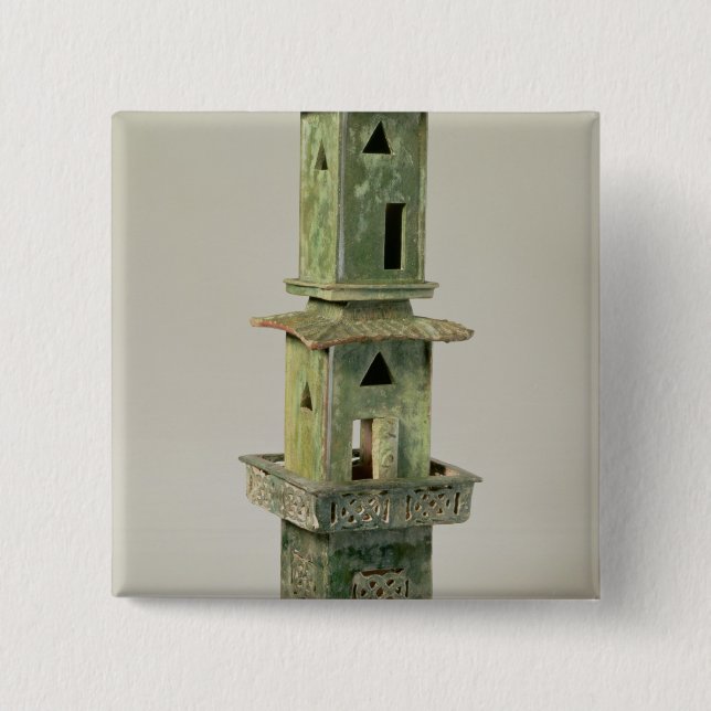 Green glazed model of a tower pinback button (Front)