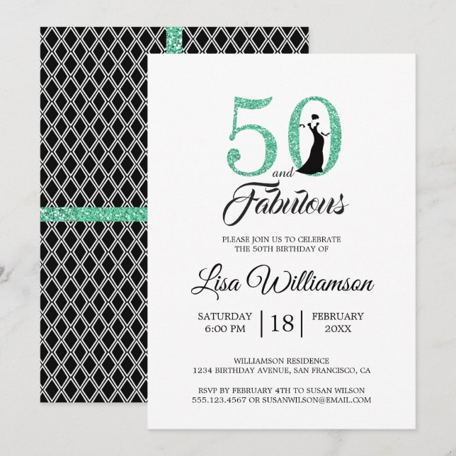 Green Glitter 50 Fabulous | 50th Birthday Party Invitation (Front/Back)