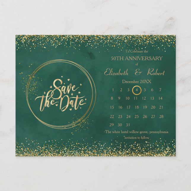 Green & Glitter 50th Anniversary The Date Calendar Announcement Postcard (Front)
