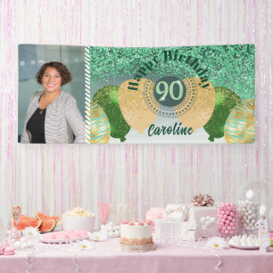 Green Glitter 90th Birthday & Balloons Banner