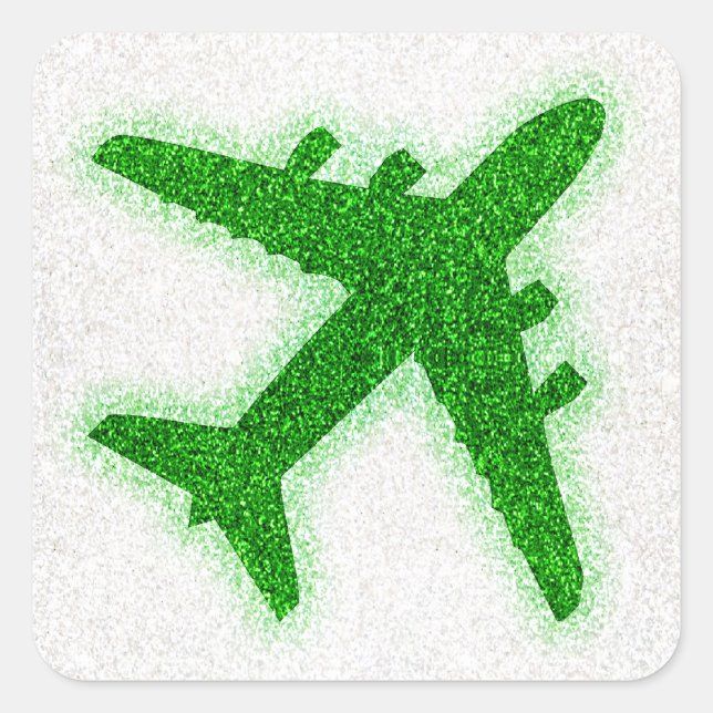 Green glitter airplane round sticker labels (Front)