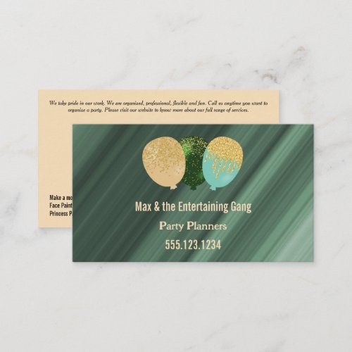 Green Glitter Balloons Party Planner Business Card