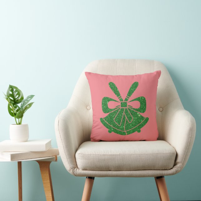 Green Glitter Bells on Pink Holiday  Throw Pillow (Chair)