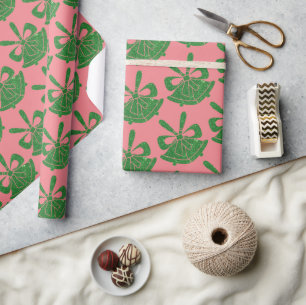 Green Glitter Bells on Pink Holiday Wrapping Paper