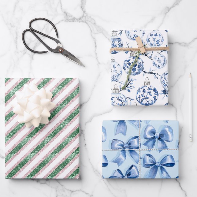 Green Glitter Blue Ornaments Bows Christmas Wrapping Paper Sheets (Front)