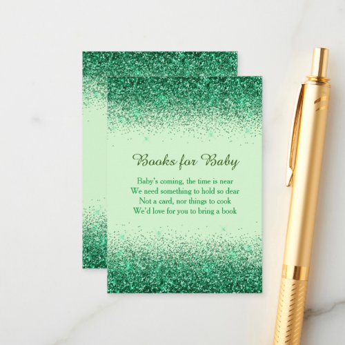 Green Glitter Book Request for Baby Shower Enclosure Card