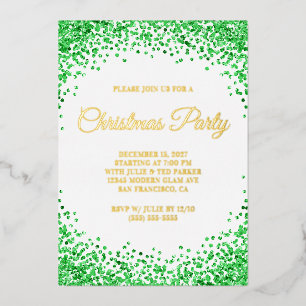 Green Glitter Border White Christmas Party Foil Invitation